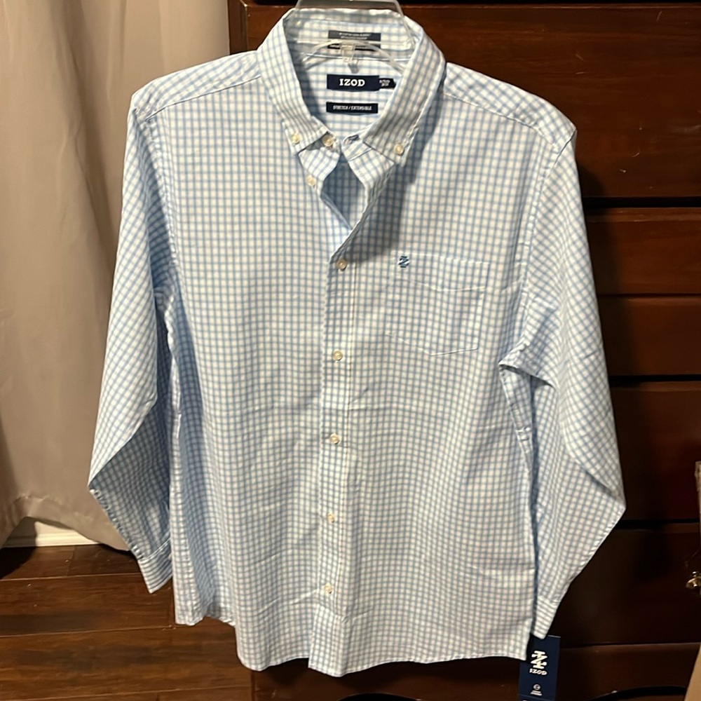 Izod Boys XL White, Blue Plaid Button Down Dress Shirt